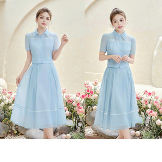 Sét Váy Dáng Dài Màu Xanh HIBEESTORE, Váy Công Sở Thiết Kế Phối Ren Cách Điệu Sang Trọng Lịch Sự KYU6376