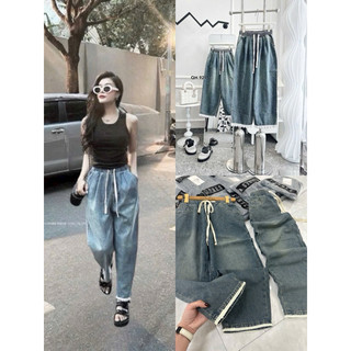 Quần bò baggy jeans lưng chun phối ren loại 1, quần bò jeans denim nữ cạp cao dáng baggy phong cách ulzzang