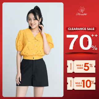 Áo Sơ Mi Công Sở Nữ HeraDG Thiết Kế Tay Bồng Kèm Cổ V Thêu Hoa Lá Tinh Tế, Chất Vải Thô Cao Cấp SAKBA038
