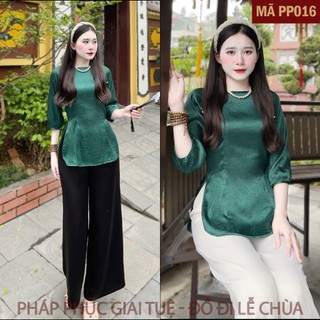 Mã PP016 Xanh Lá_Pháp Phục Đi Chùa Cho Nữ, Mã Truyền Thống Tay Viền Bo, Chất liệu Áo Lụa Gấm Tầm Xuân, Quần Lụa Vân.