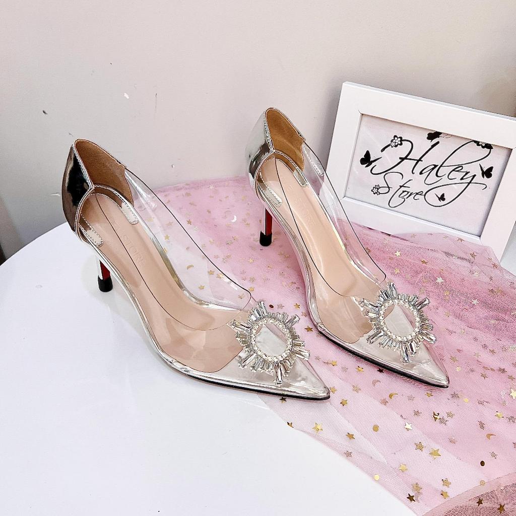 Giày sandal ball mặt trời HALEY STORE cao gót 9p bít mũi nhọn quai trong suốt đính đá mặt trời phale