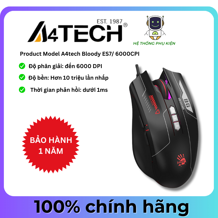 Chuột Chơi Game Thể Thao A4tech Bloody ES7/ 6000CPI 5 Cấp/ Led RGB 16 Triệu Màu