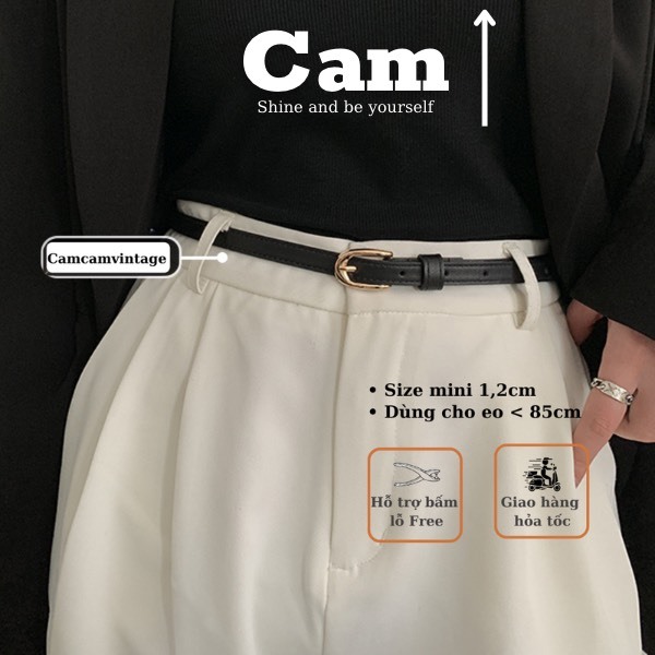Thắt lưng da nữ nhỏ xíu mini mặt chữ nhật bóng 1.2CM Camcamvintage  Dây nịt đai váy thắt váy áo bản nhỏ Basic đơn giản