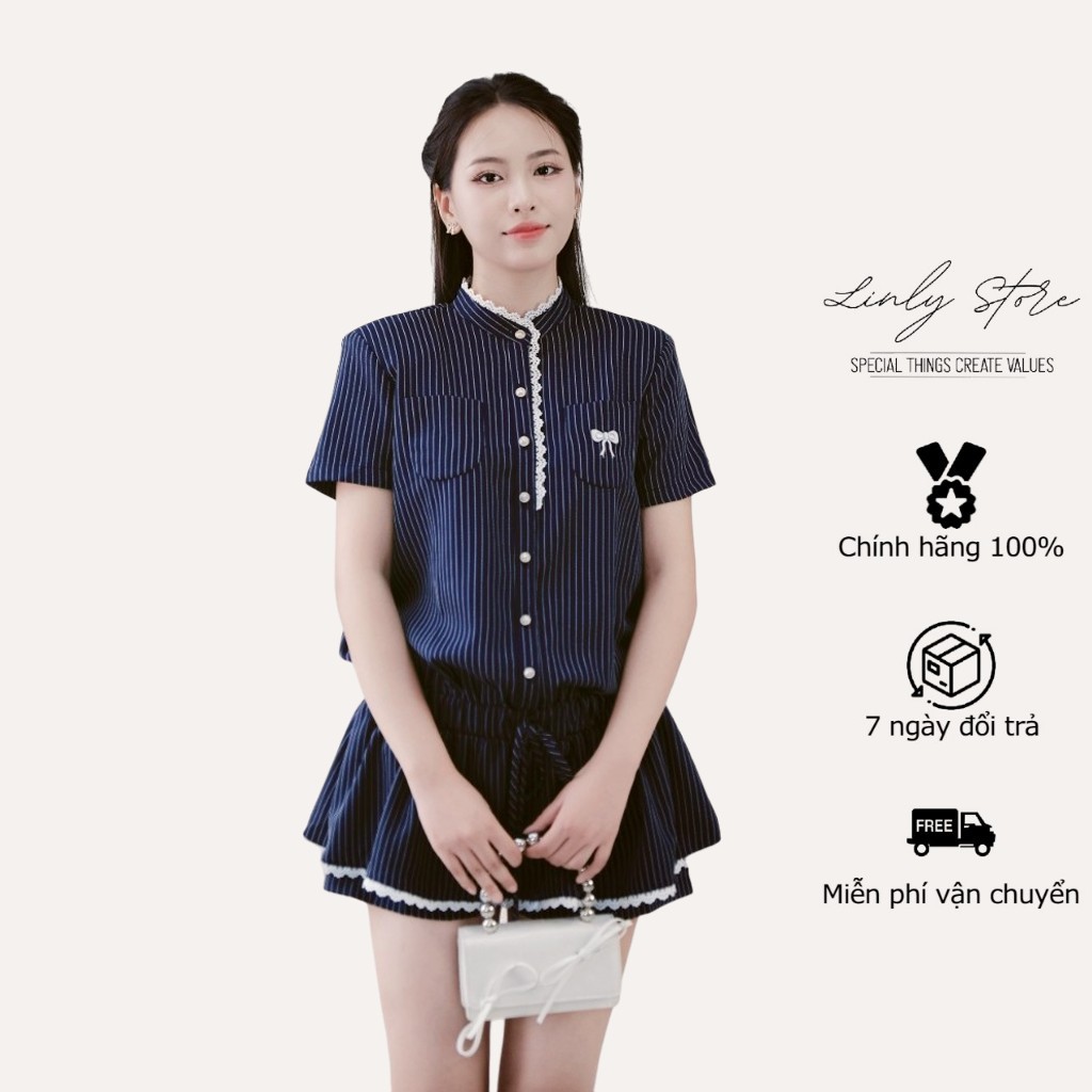 Set jumpsuit nữ sang chảnh, set bộ áo váy liền quần thêu nơ Linly Store J-JS2