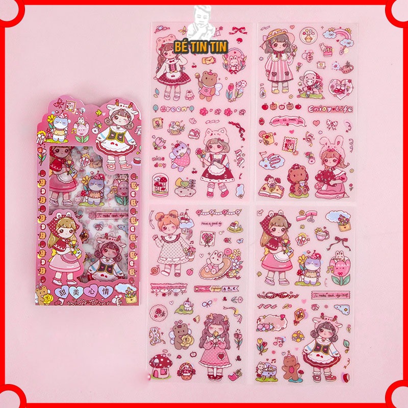 Vỉ 4 miếng sticker hình Cô gái Miếng Dán Cốc Nước Điện Thoại Di Động Trang Trí Hoạt Hình Sổ Tay DIY