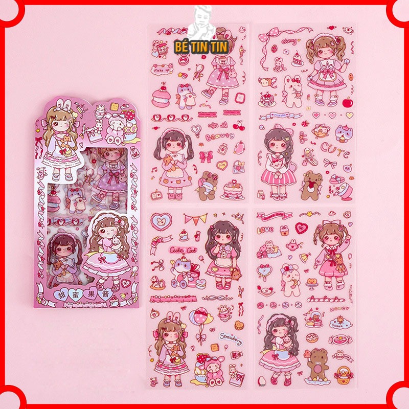 Vỉ 4 miếng sticker hình Cô gái Miếng Dán Cốc Nước Điện Thoại Di Động Trang Trí Hoạt Hình Sổ Tay DIY