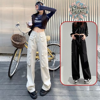 Quần kaki túi hộp ống suông nữ form rộng Ethereal cạp cao ,quần dài kaki túi hộp nam nữ phong cách