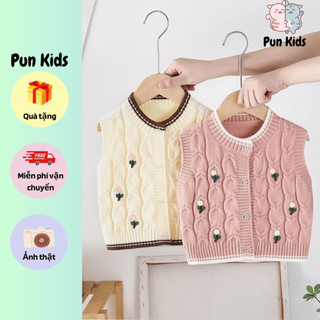 Áo gile len thu đông họa tiết hoa đào xinh màu hồng, màu kem cho bé gái từ 8 - 18kg AMĐ51