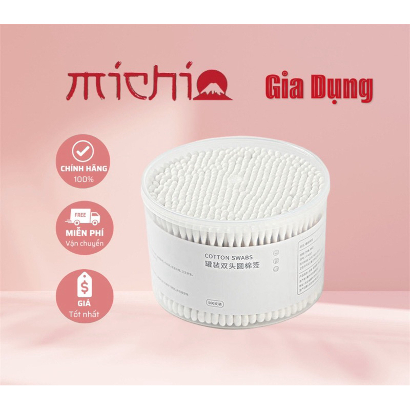 Hộp 500 que tăm bông ngoáy tai thân gỗ tre 2 đầu tròn xoắn