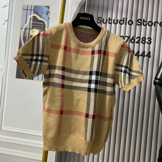  Áo len cộc tay cổ tròn dệt kim hoạ tiết bbr kẻ mới freesize len dày dặn 548 