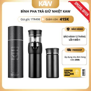 Bình Pha Trà Kiêm Bình Giữ Nhiệt Trà KAW 450ml có lưới lọc công nghệ Đức chất liệu INOX thủy tinh, Màng lọc