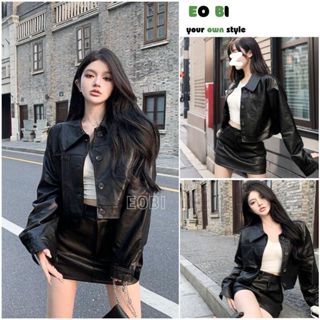 Áo khoác da đen croptop basic, áo khoác da nữ phong cách cá tính trẻ trung năng động mặc đi chơi đi học đi làm - EOBI