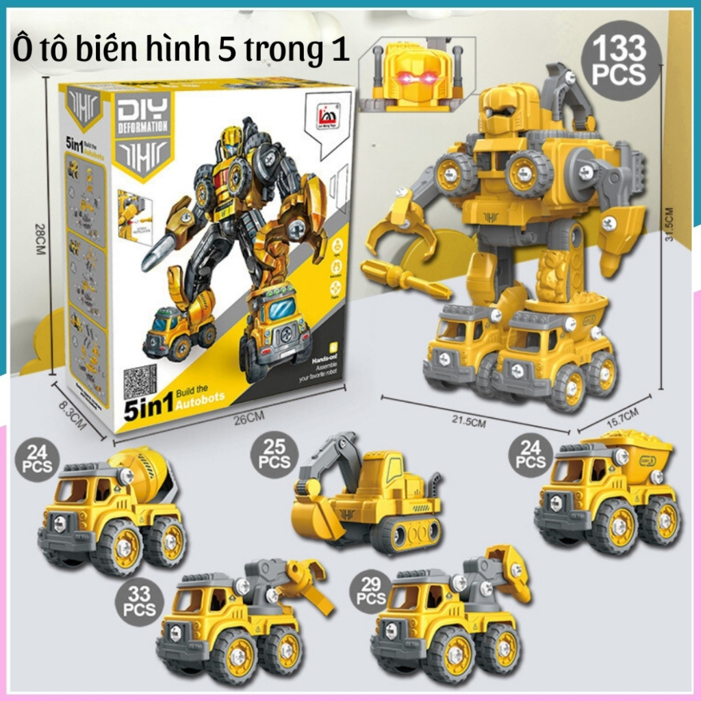 Bộ đồ chơi lắp ghép Robot biến hình,xe công trình 5 trong 1 cho bé phát triển sự sáng tạo
