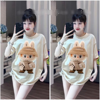 Áo phông nữ , áo phông cotton in hình labubu đeo khăn