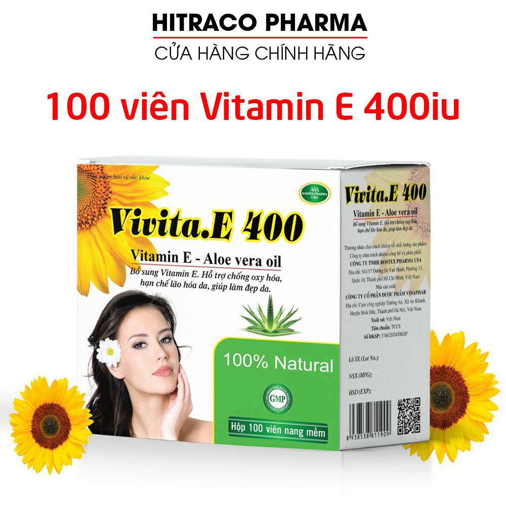 Vivita.E 400 (vỉ 100 viên) ROXTECH bổ sung vitamin E 400iu giúp đẹp da, ngừa lão hóa da - 100 viên