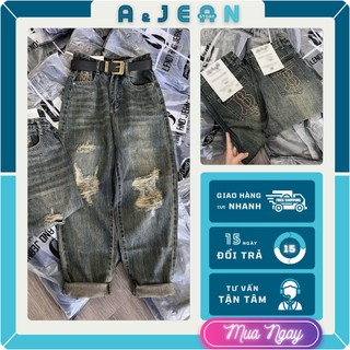 Quần baggy jean nữ thêu chữ b rách gối bụi | a&jean store