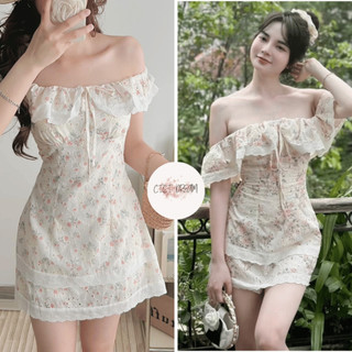 Đầm hoa chất lụa  phối ren  trễ vai thiết kế xòe ngắn siêu xinh,  dầm hoa lụa trễ vai 2 loại hoa