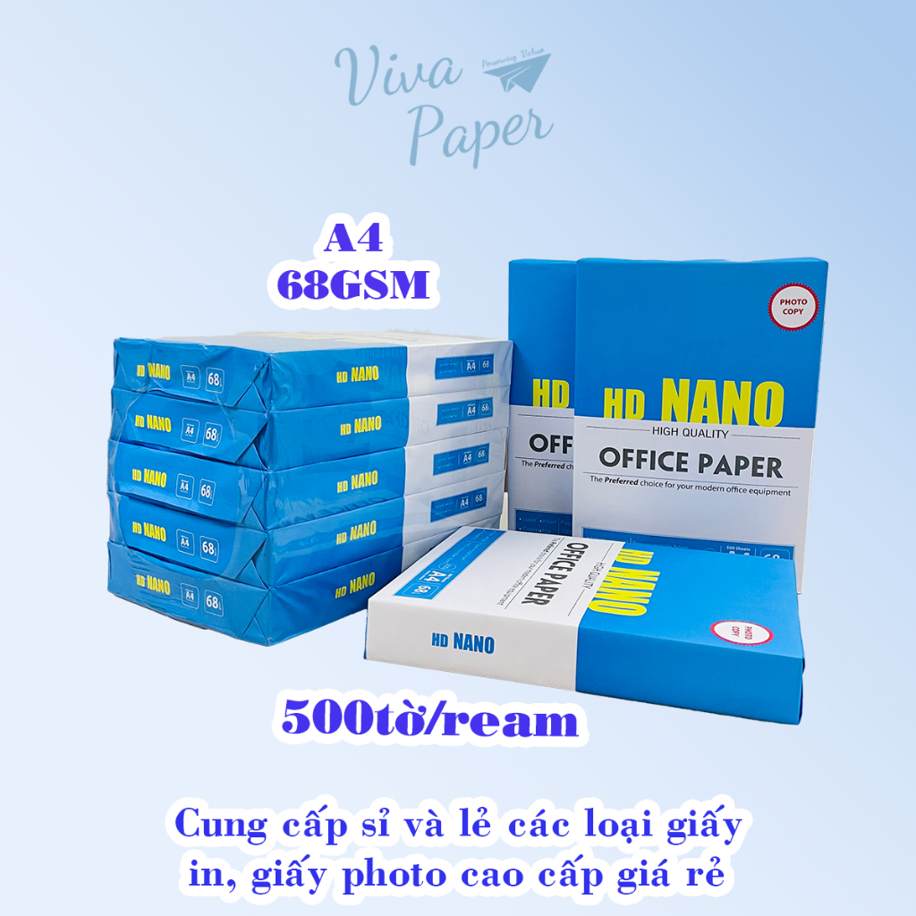 Giấy in A4 68GSM, giấy photocopy A4 68GSM, NanoHD 68 gsm, độ dày cao 500 tờ/Ream, chuẩn ISO