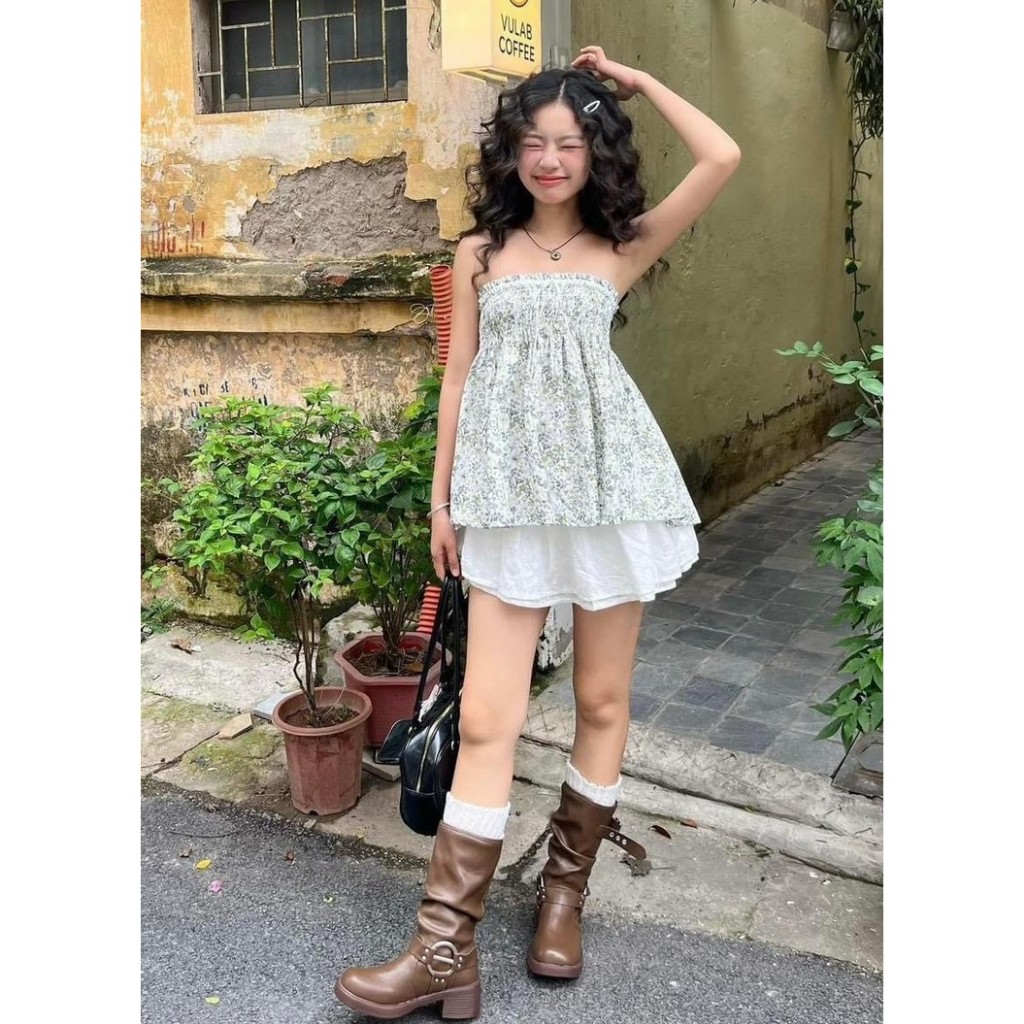 Áo Babydoll Cúp Ngực Quây Chun Hoa Nhí Dáng Xòe Viền Ren Buộc Nơ Ngực SAN Clothings - P21
