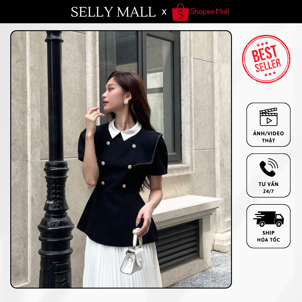 Áo Công Sở Selly Mall Nữ Kiểu Dáng Peplum Tay Phồng Cổ Trắng Phối Nút Sang Trọng, Áo Sơ Mi Tiểu Thư 
