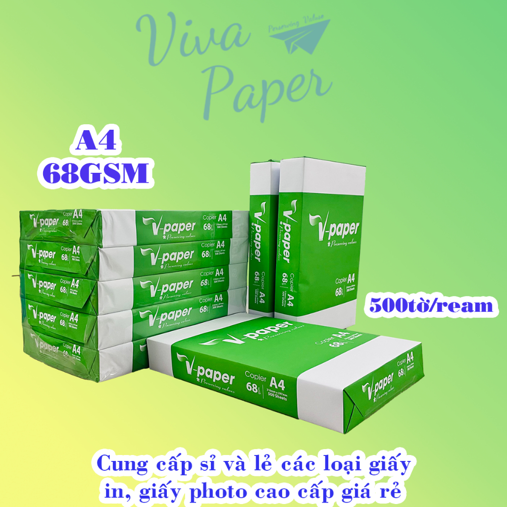 Giấy in A4 68GSM, giấy photocopy A4 68GSM 500 tờ/Ream, V-paper 68 gsm, độ dày cao, chuẩn ISO