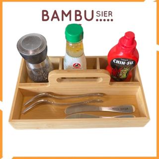 Khay tre để bàn đựng gia vị thìa đũa cho quán ăn nhà hàng gia đình có tay cầm