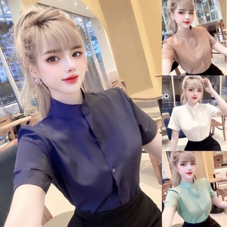 Áo sơ mi nữ cổ trụ tay ngắn