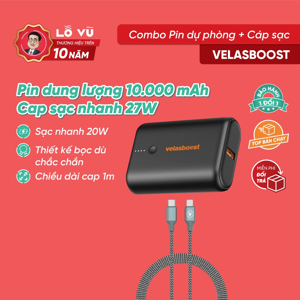 Bộ Sạc Velasboost, Pin Dự Phòng Velasboost DYNAMIC 1 (10K MAH), Cáp Sạc Nhanh C-L Velasboost Bọc dù FAST 27W (V2)