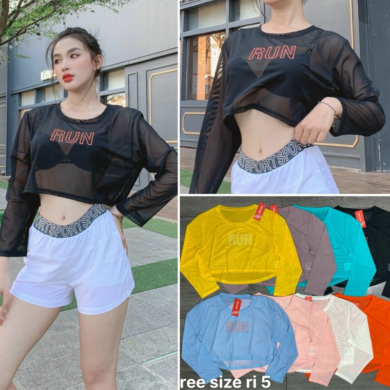 Áo Croptop Thể Thao Nữ MILAVY Lưới Dáng Rộng Tay Chữ Run