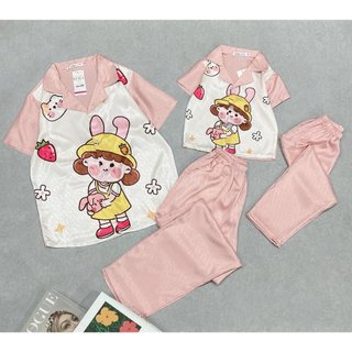 Set bộ pijama mẹ và bé áo cộc quần dài chất lụa xước cao cấp