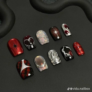  Nailbox  690  - Móng tay giả thiết kế Mẫu nail box tráng gương y2k tone đỏ đen siêu chất✨❤️‍ 