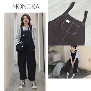 Quần yếm dài ống rộng đen túi trước thiết kế may chỉ nổi dáng basic quần ống suông dáng rộng đi chơi T61G MONOKA SHOP