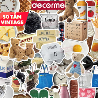 Túi 50 sticker 2-3cm retro vintage Decorme, phụ kiện trang trí Cute Chống Thấm Nước Trang Trí Mũ, Laptop, sổ tay