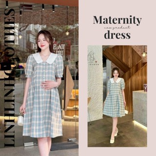 Đầm bầu công sở , váy bầu xinh babydoll cổ bèo dáng dài thanh lịch nhã nhặn Linhlinhclothes