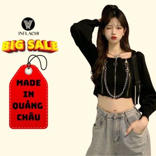Áo croptop dài tay kiểu trễ vai hở vai INFLACHI dáng ngắn phong cách cá tính Hàn Quốc phối dây xích nổi bật M183 K2-10
