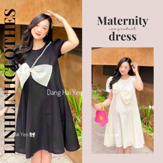 Đầm bầu thiết kế công sở , váy bầu mùa hè nơ nổi đính hạt 2 màu tiểu thư sang chảnh Linhlinhclothes