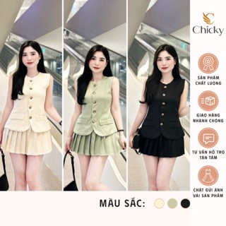 Set áo khoác dạ tweed 2 lớp sát nách vest blazer gile mix chân váy xếp ly dáng ngắn sang chảnh 3 tone màu nhẹ nhàng hot