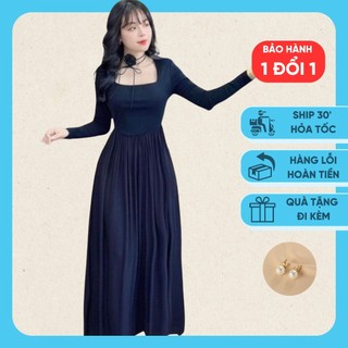 SHIP HOẢ TỐC VÁY DÀI TAY THU ĐÔNG CỔ VUÔNG CHÂN VÁY LIỀN PHONG CÁCH HÀN QUỐC HÀNG LOẠI 1 QCCC