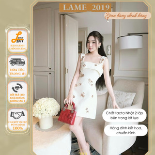 Đầm váy hai dây - Váy đính phụ kiện hoa đá lấp lánh dáng ngắn, váy thiết kế 2 dây cố vuông sang chảnh cao cấp
