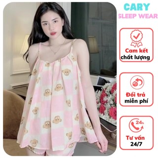 Đồ bộ ngủ hai dây xếp ly hoạt hình dễ thương, bộ lụa mặc nhà mát form bigsize 40-70kg