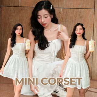 Đầm mini corset tơ hoa mẫu đơn màu trắng D715