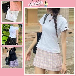 Áo Thun Baby Tee Đính Nơ Nữ. Áo Phông Ngắn Tay Chất Cotton Co Giãn