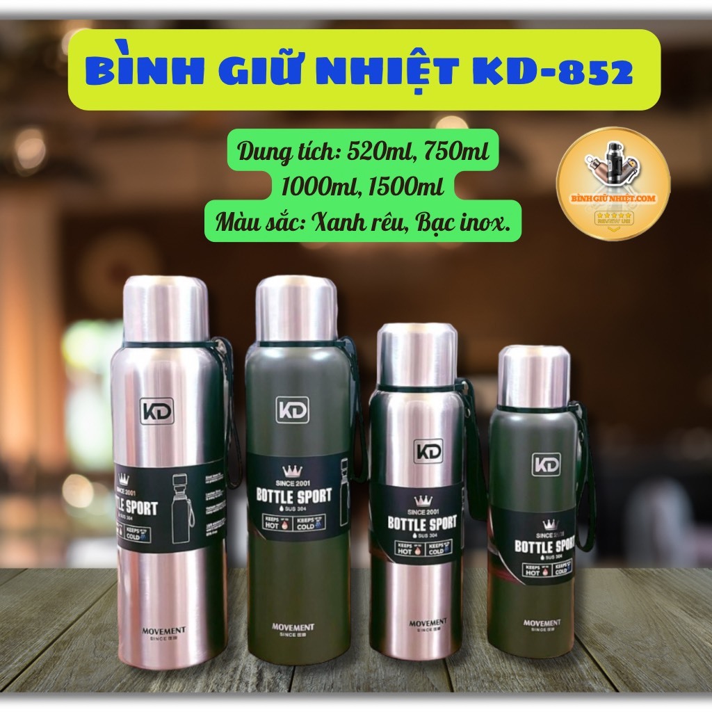 Bình Giữ Nhiệt Inox 304 Cao Cấp KD-852 Giữ Nhiệt 24h Dung Tích 520ml/750ml/1000ml/1500ml Có Quai Cầm