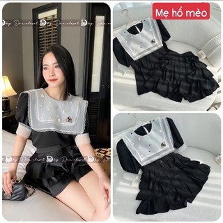 Áo sơ mi nữ , áo kiểu nữ tay cộc cổ vuông phối voan đính họa tiết dễ thương m429 Mẹ Hổ Mèo