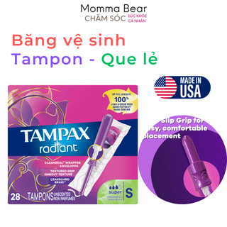 Tampon băng vệ sinh Tampax Radiant Pocket, bvs dạng ống, có cần đẩy, hàng Mỹ - Momma Bear
