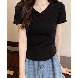 Áo thun cộc tay nữ croptop cổ V, màu trơn đơn giản, X.STORE