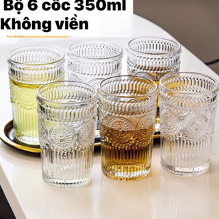Bộ 6 cốc thuỷ tinh chịu nhiệt hoạ tiết hoa mặt trời s dung tích 360ml uống nước , sinh tố , trà sữa , bia siêu xinh