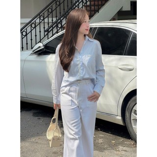 Áo somi Marina - HESTIA hai màu hồng baby và xanh, phối viền ren