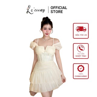 Váy tiểu thư dáng ngắn trễ vai lecoong v638 đầm đẹp xếp tầng voan tơ