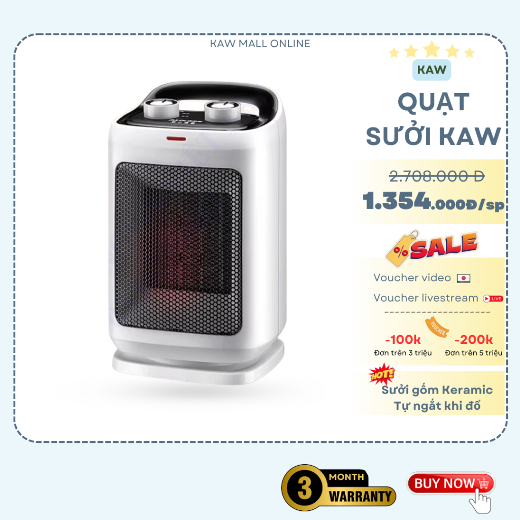 Máy sưởi Gốm Ceramic KAW công suất 1500W, Quạt sưởi mini làm nóng nhanh, không ồn, tự ngắt khi đổ